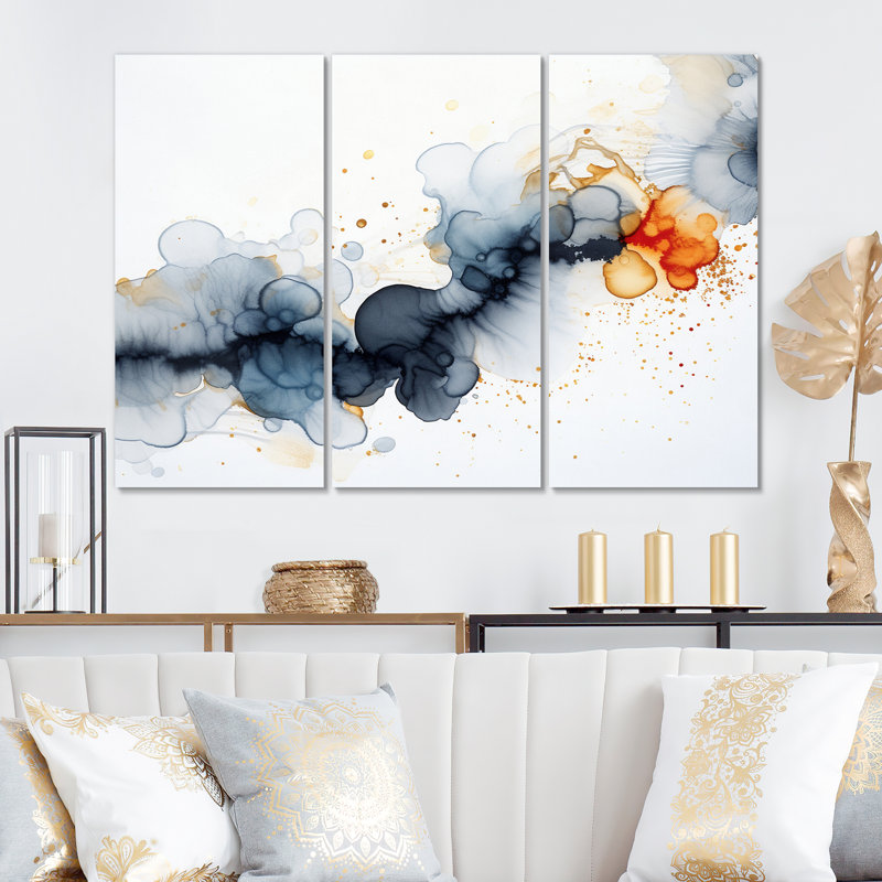 «Miracle Abstract Ink Cloud Touch Of Gold II» sur toile, reproduction de 3 pièces, H 28 po x l 36 po x P 1 po