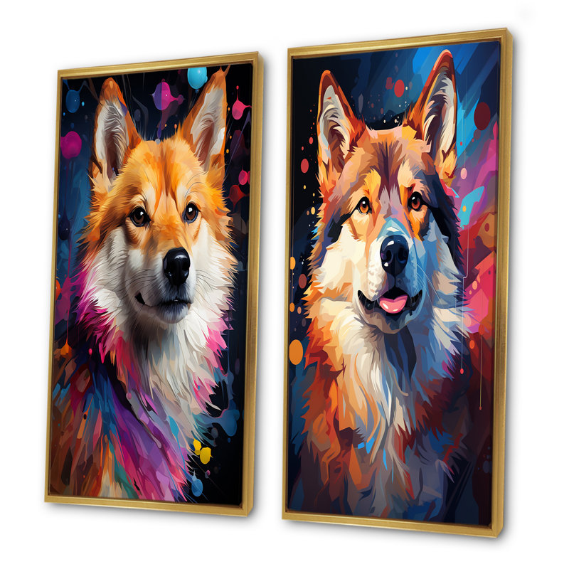Ensemble de salon mural moderne 2 pièces Shiba Inu Spirit, Encadrement doré, H 32 po x l 33 po