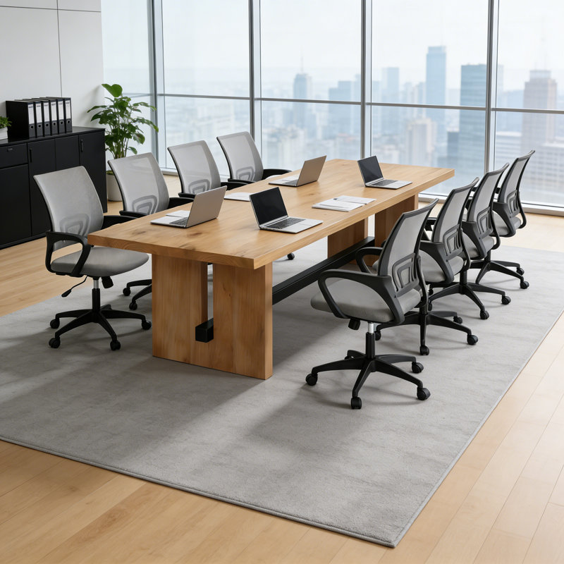 Table de conférence industrielle en bois massif avec 8 chaises de bureau ergonomiques en filet