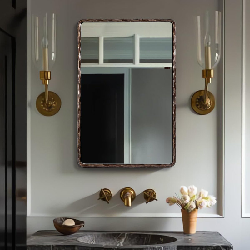 Miroir mural rectangulaire en fer forgé à la main Brunilde | Miroir de salle de bain rustique, Bronze forgé, 36 po x 24 po