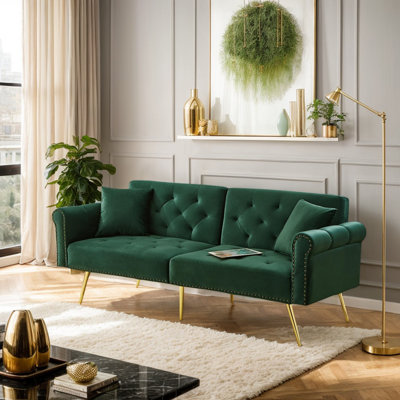 Modern Velvet 2-Seater Convertible Sofa Bed with 3-Stage Adjustable Backrest, Gold Metal Legs, Space-Saving Sleeper Loveseat for Small Apartments, Living Room, Guest Room