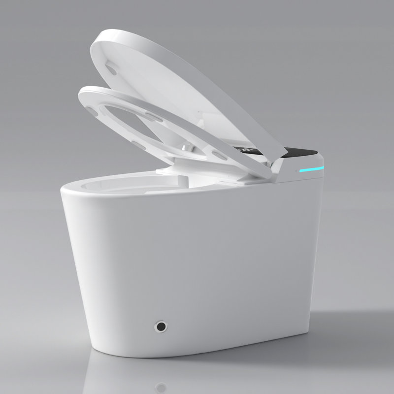 Toilettes blanches modernes avec siège bidet intégré - Ouverture/fermeture automatique, capteur de pied, jet hygiénique féminin, couvercle intelligent intégré à ouverture/fermeture avancée, télécommande disponible.