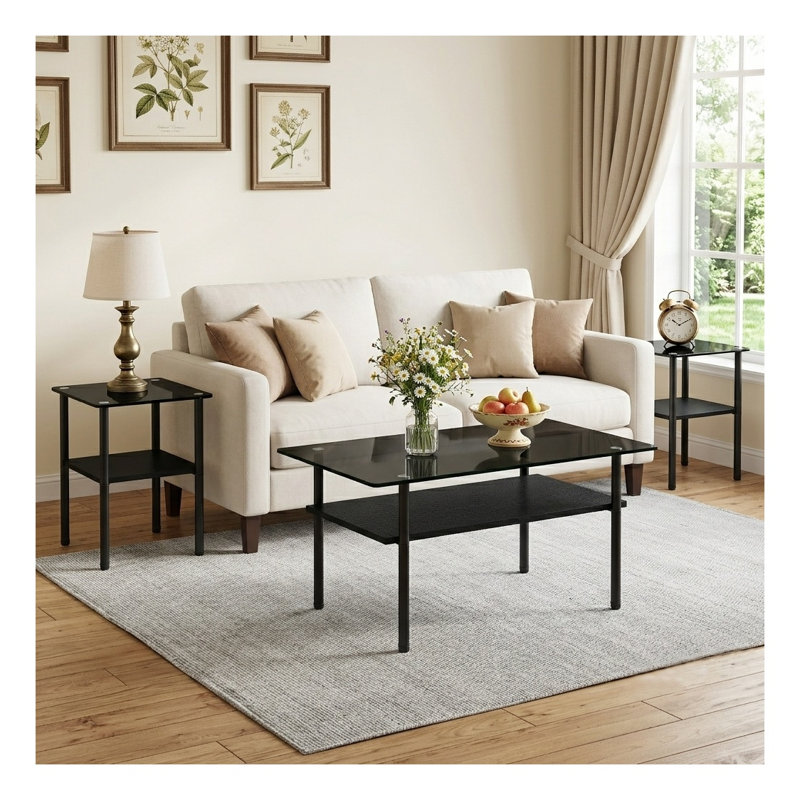 Ensemble de tables basses et de tables de bout 3 pièces Modern avec dessus en verre trempé et pieds en métal noir