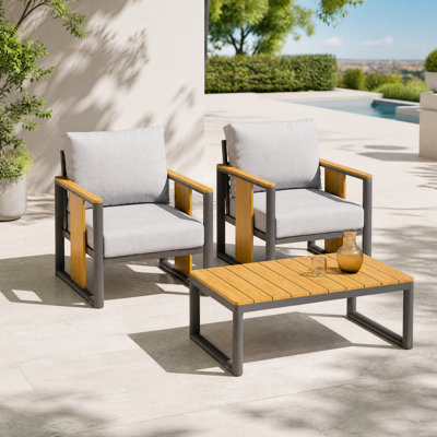 Ensemble de mobilier d'extérieur moderne 2 pièces avec coussins de siège profond et table basse d'appoint en grain de bois clair