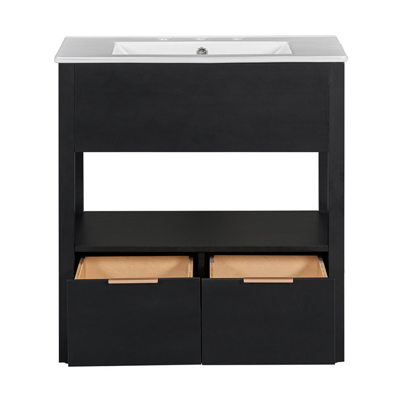Meuble-lavabo simple 30 po avec plateau en bois massif Kyrun, Noir
