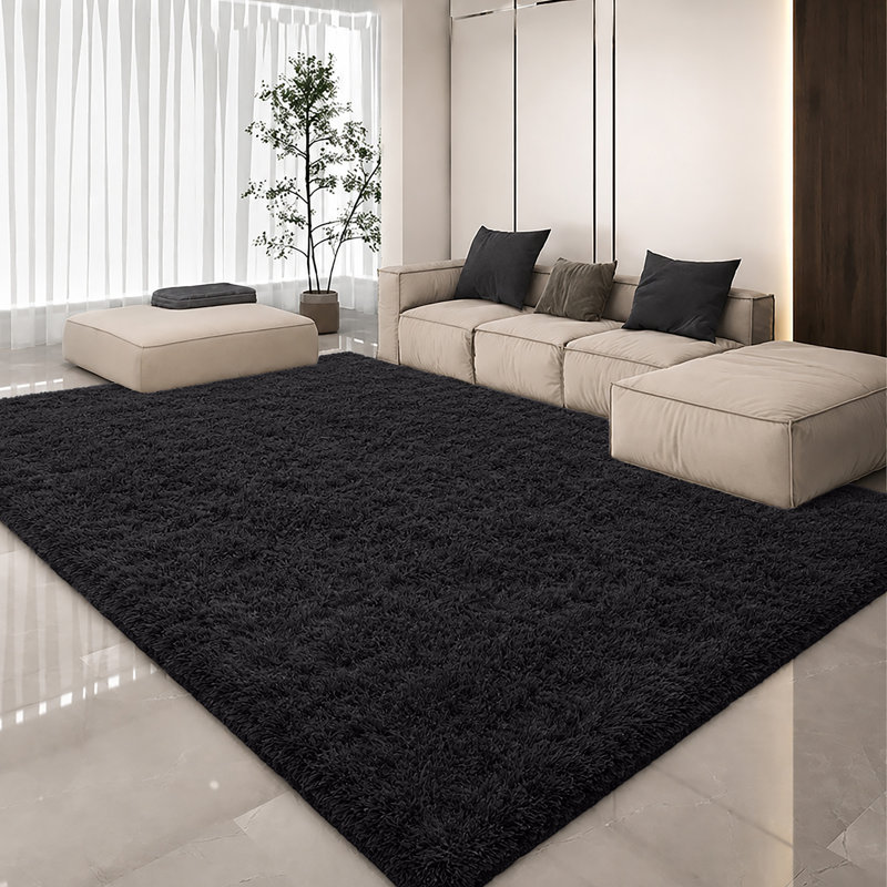 Luxury Plush Shaggy Area Rug & Runner, Soft Deep-Pile Non-Slip Living Room Carpet, Rectangle 160 x 230 cm, Black