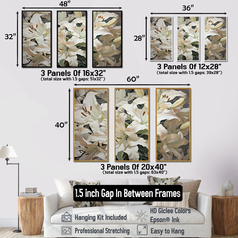«White Lilies In Bloom Beauty III», ensemble d'art sur toile, Cadre flottant doré, H 32 po x l 48 po x P 1 po