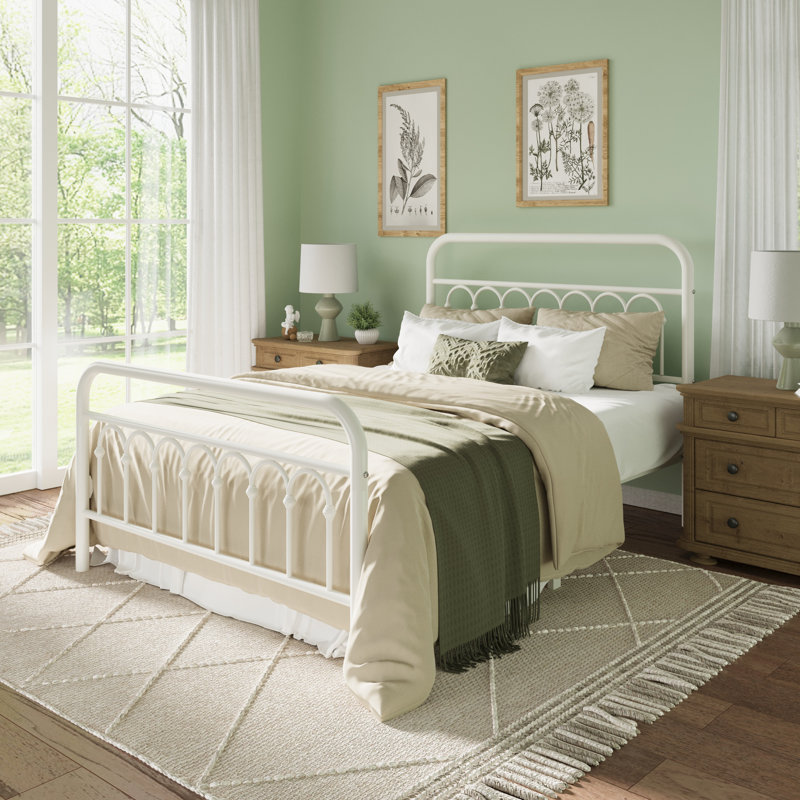 Vintage Style Metal Platform Bed Frame With Arch-Design Headboard And Footboard, Full, Ivory