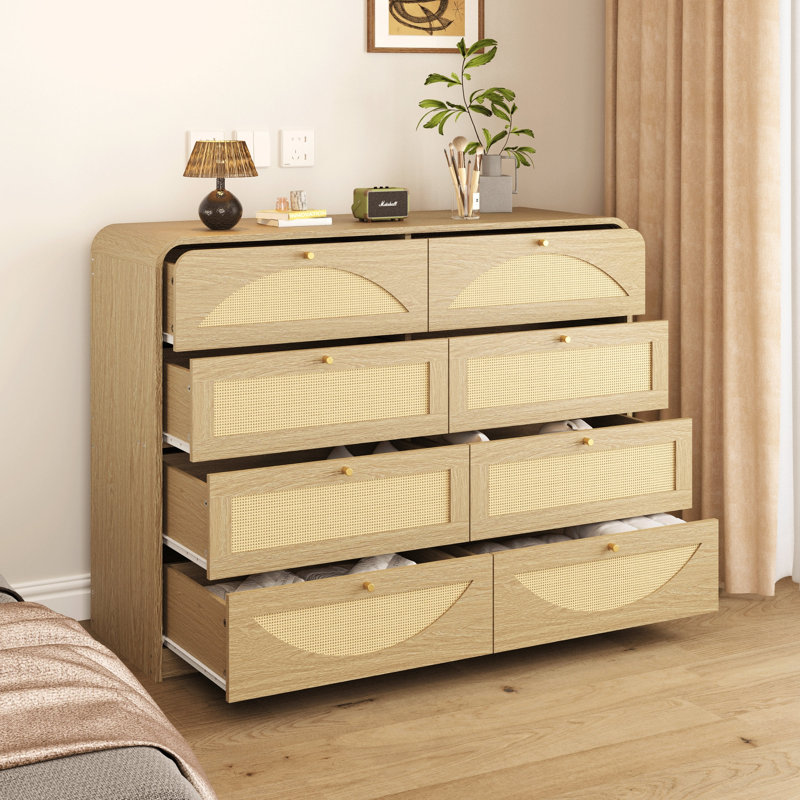 Commode 8 tiroirs avec façade en rotin, commode à panneaux de particules larges, armoire de rangement moderne en bois pour le salon de la chambre à coucher
