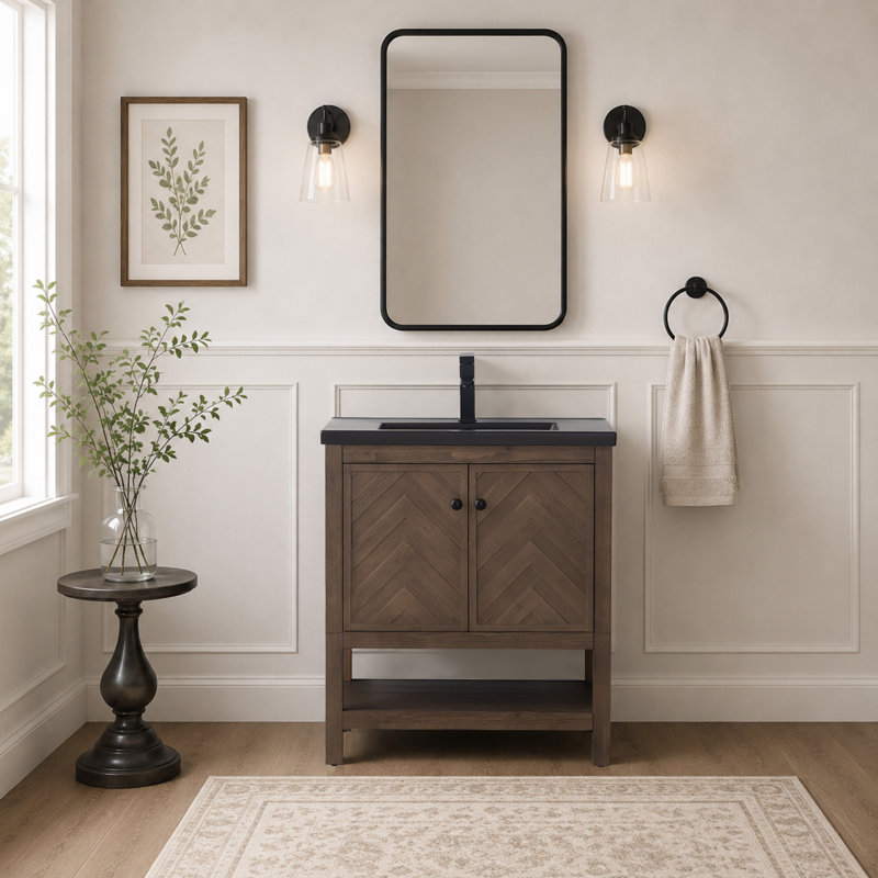 Chazden 30" Freestanding Herringbone Design Single Bathroom Vanity with Ceramic Top, Cocoa Brown, Matte Black, Black