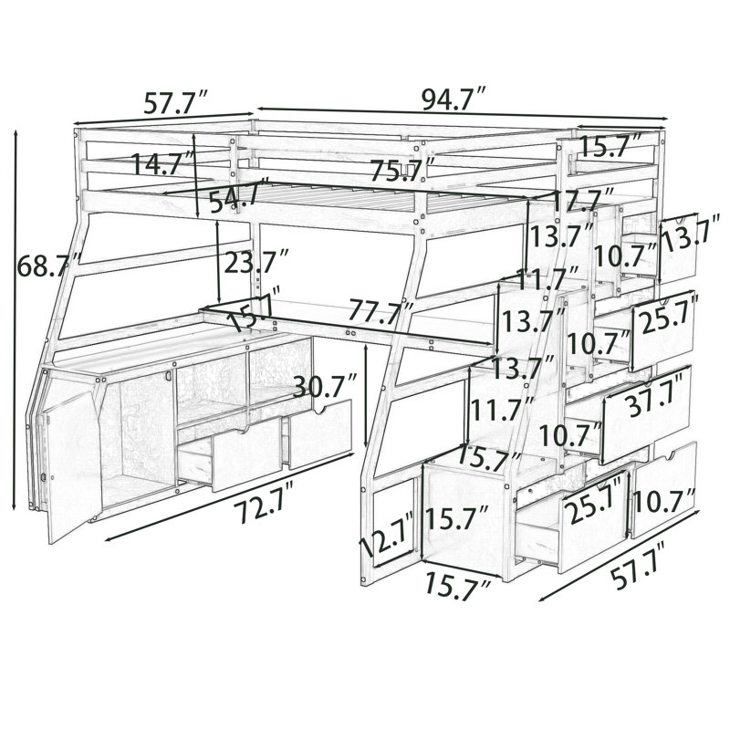 Lit mezzanine double à 7 tiroirs avec bureau intégré et tablettes, Espresso