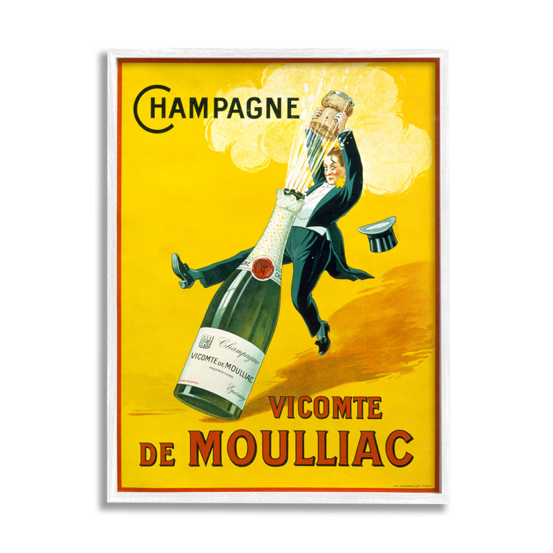 Illustration rétro Champagne Vicomte de Moulliac, bouteille blanche encadrée par estampe numérique, art texturé par Marcus Jules