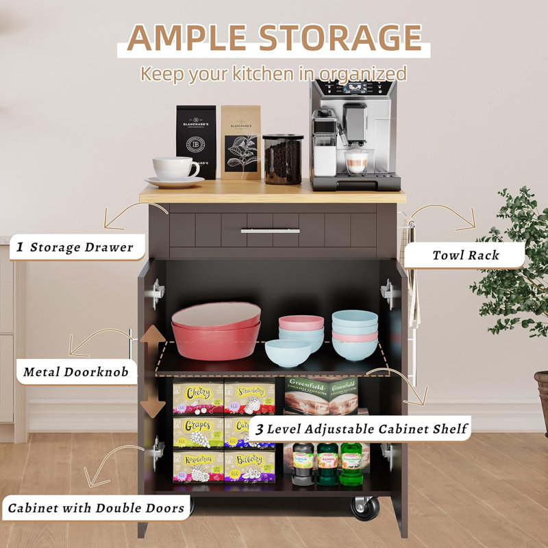 Kitchen Island Cart With Storage,Rolling Kitchen Island Side Table On Wheels With Large Worktop,Storage Cabinet,Towel Rack And Drawers For Kitchen,Dinning Room