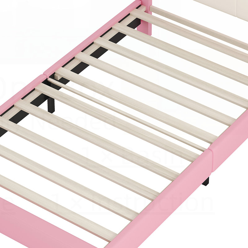 Mignon lit plateforme avec tête de lit avec structure en bois de pin durable et capacité de charge élevée, Lit simple, Rose