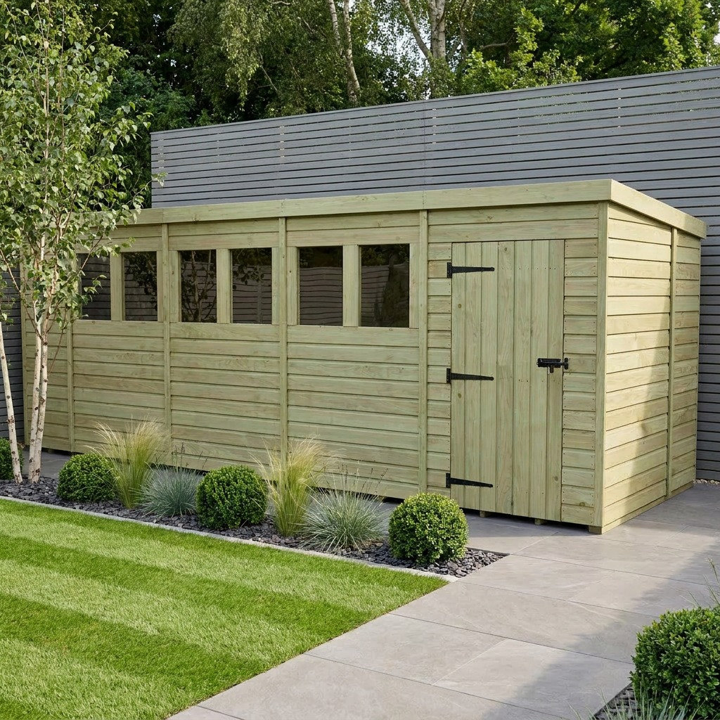 Total Sheds 19ft x 7ft Pent Garden Shed - Single Door - With Windows - Pressure Treated Timber - UK Manufactured