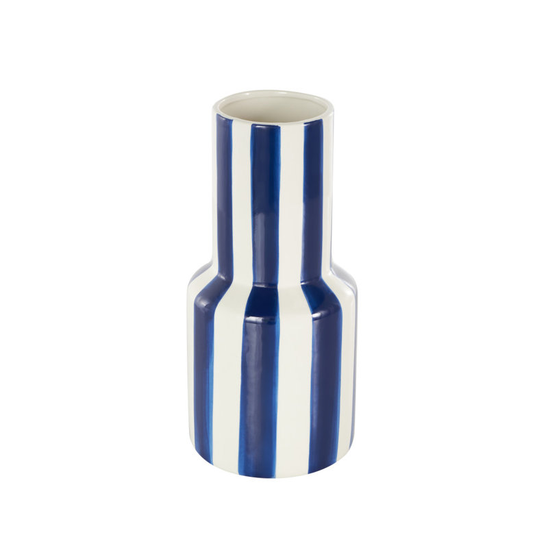 Cole And Grey Ceramic Round Decorative Vase With Black Vertical Stripes, 11.05" H x 5.2" W x 5.2" D, Blue