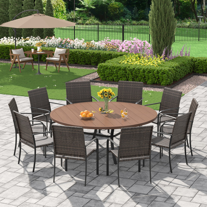 10-Person Outdoor Patio Dining Set With Wicker Chairs, Walnut