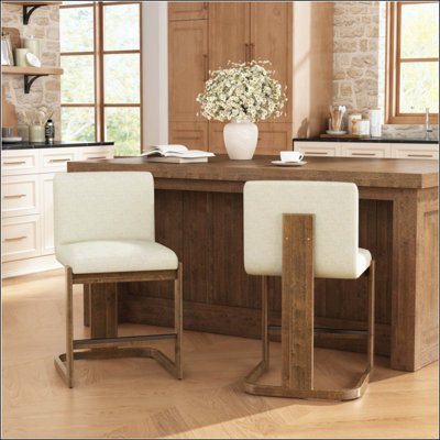 Modern Bar Stools Set Of 2, Solid Wood Counter Height Barstools, Linen Upholstered Kitchen Island Chair With Finished Wood Legs For Home Bar Coffee Shop