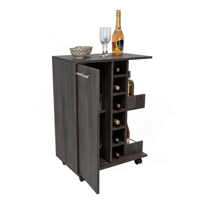 Bar Cart, Two External Shelves, Four Casters, Six Built-in Wine Rack, Single Door Cabinet, Dark Gray