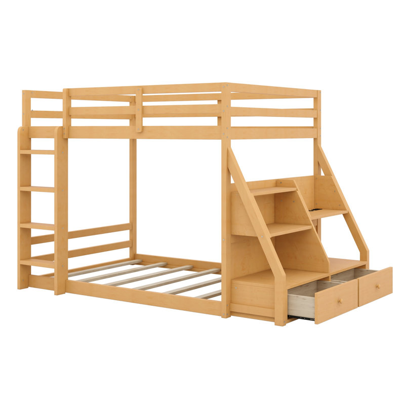 Bunk Bed with APP-Controlled 7-Color LED Lights, USB Ports, Shelves and 2  Drawers, Natural