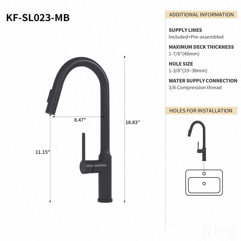 Robinet de cuisine rétractable 18,83 po, Noir mat