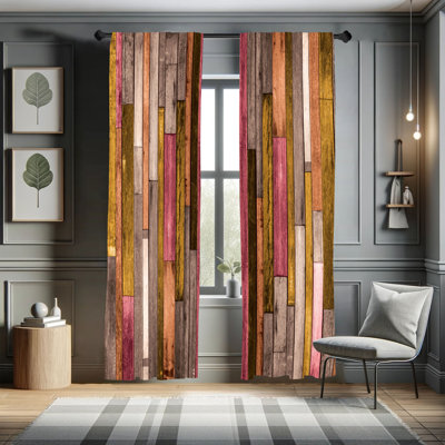 Millwood Pines Wooden Print Curtains, Brownish Rustic Art, Pair of 28"x84", Dark Sepia
