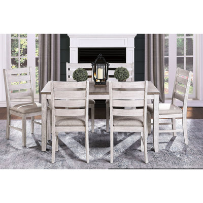 Ensemble de salle à manger 7 pièces, table rectangulaire en bois et 6 chaises, gris-blanc/brun, assises recouvertes de tissu, blanc brun, chaises