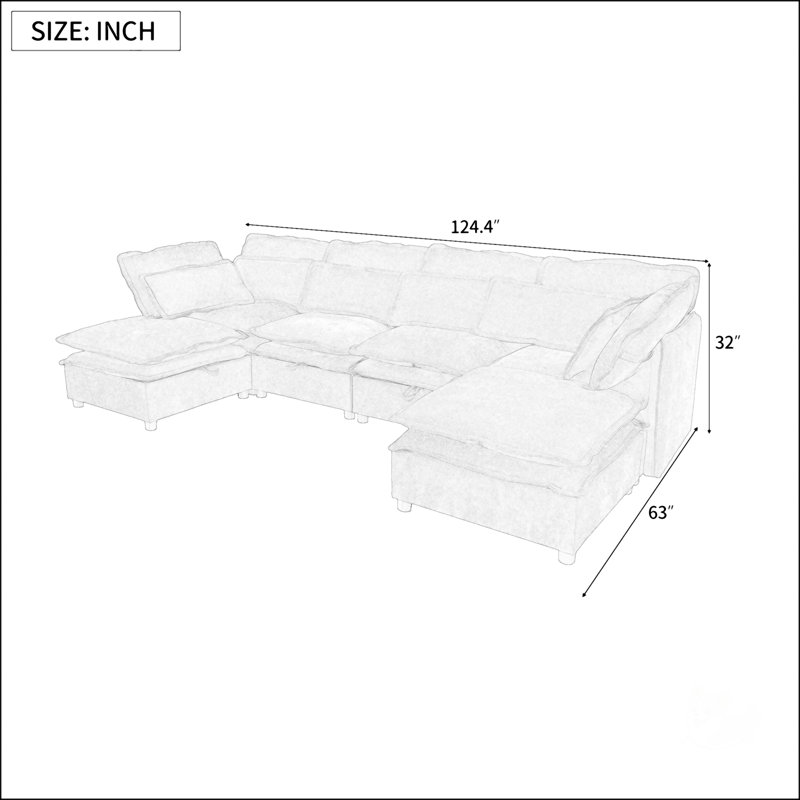Double-Layer Cushion Modern Large U-Shaped Modular Sofa, Beige Polyester