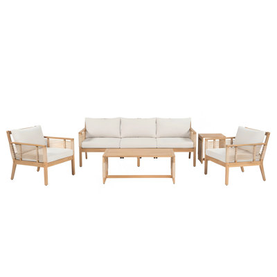 5-Piece Patio Acacia Wood Sofa Set, Outdoor Hand Woven Rope Conversation Set With 3 Seater Sofa,2 Chairs And 2 Coffee Tables For Garden, Backyard, Poolside