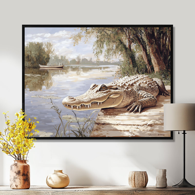Crocodile Primordial Beast - Art mural crocodile, H 34 po x l 44 po, Impression dans un cadre flottant sans passe-parto, Noir