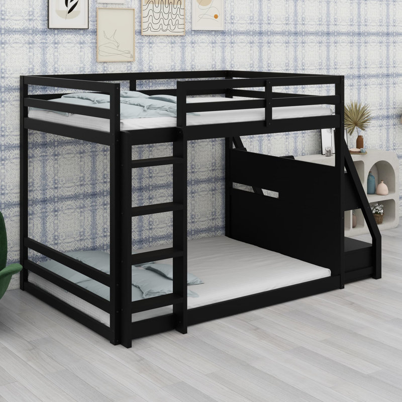 Lit superposé élégant avec lumières DEL, ports USB, tablettes et tiroirs de rangement, Noir
