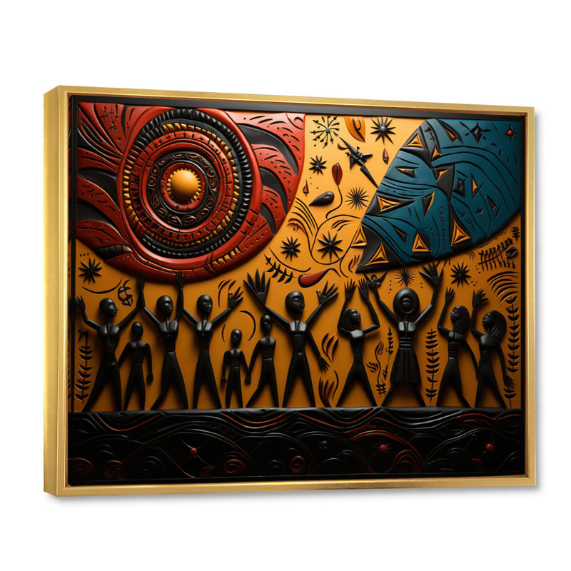 Khobi Tribal africain Rhythms IX - art tribal africain sur toile, H 30 po x l 40 po x P 1,5 po, Cadre flottant doré