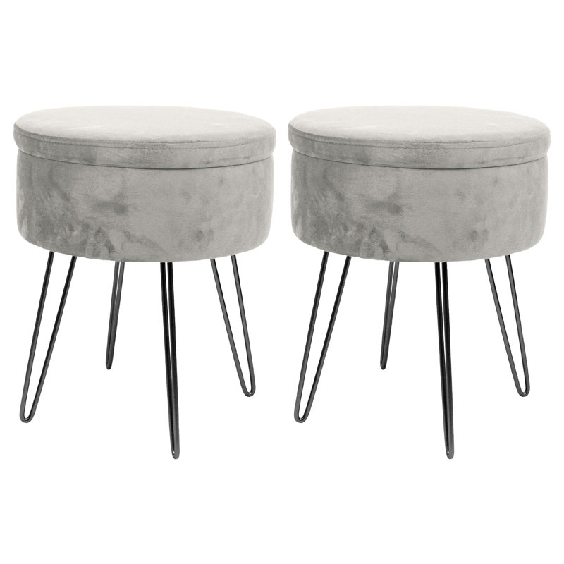 Harbour Housewares Round Velvet Storage Footstools - Pack of 2, Black, Grey