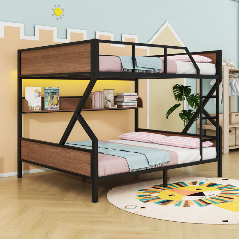 Metal Bunk Bed With Integrated Storage And LED Lighting, Queen Over Queen, Black