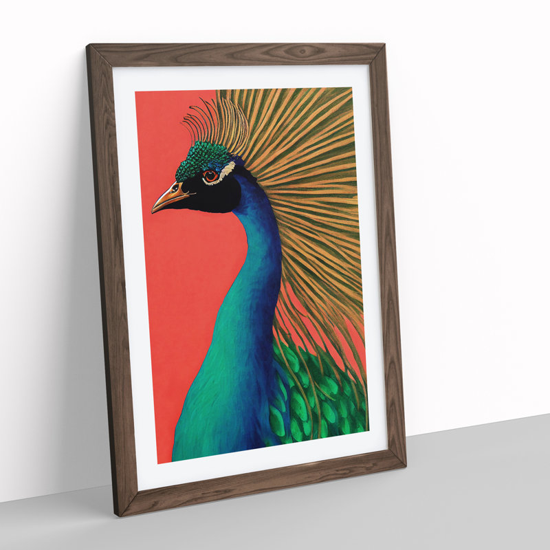 Attractive Peacock - Single Picture Frame Painting, 46cm H x 34cm W x 2cm D, Walnut Framed