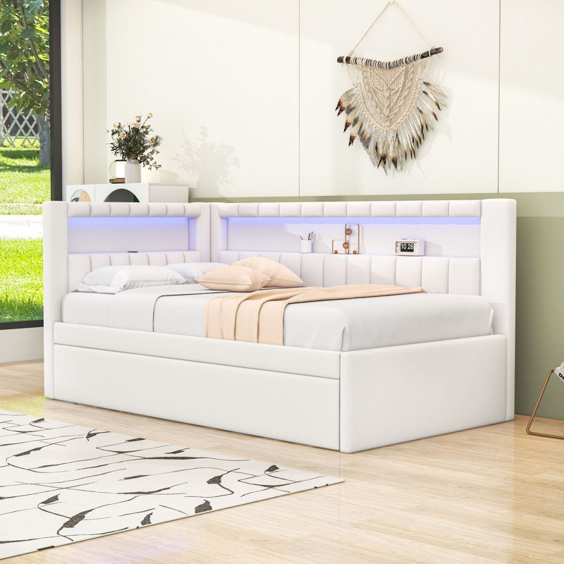 Upholstered Twin Daybed with Trundle, LED Lighting and USB Ports, White