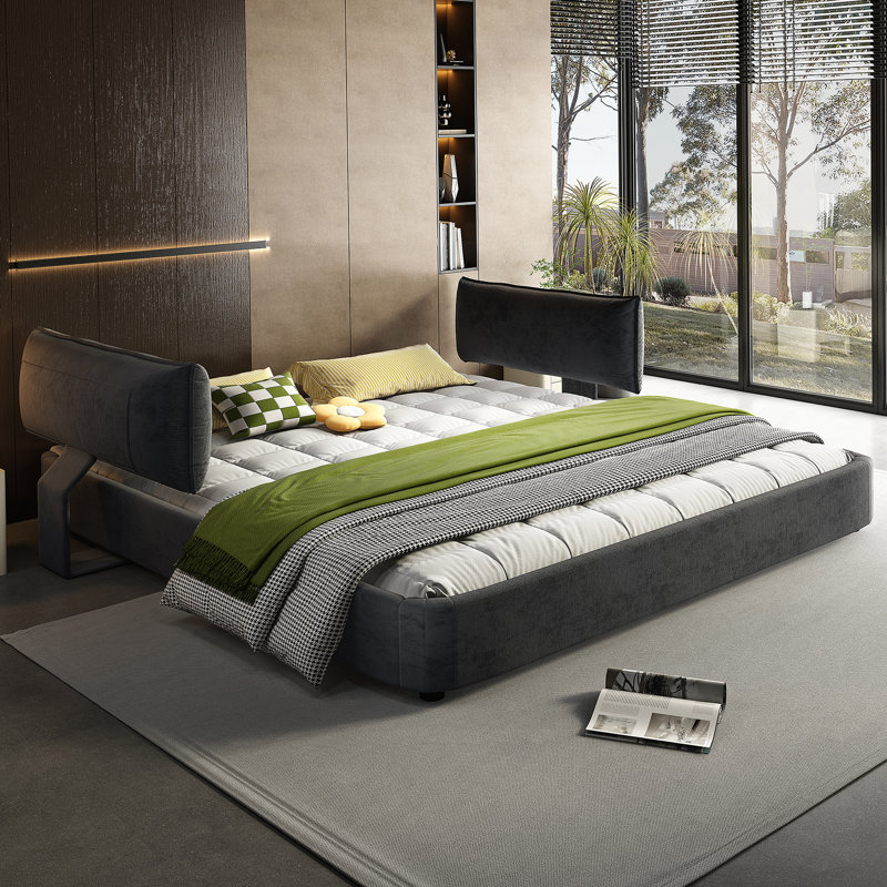 Très grande base de lit Cloud avec tête de lit mobile surdimensionnée et rembourrée, lit tapissier en chenille avec coin rond, support double en lattes de bois massif et métal, pas de sommier tapissier requis, gris foncé