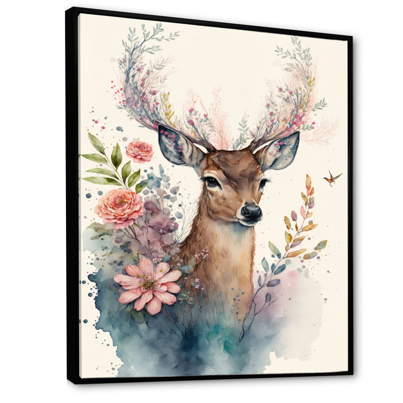 Mignon petit cerf avec fleurs roses - art mural encadré de cerf, L 16 po x H 32 po, Cadre flottant noir