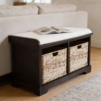 Banc de rangement en osier avec coussin et 2 tiroirs, banc d'entrée en tissu entièrement assemblé pour le salon, la chambre à coucher ou le coin-détente