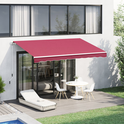 Auvent de patio de 13 pi x 8 pi, pare-soleil rétractable avec fonctionnement manuel et tissu hydrofuge, structure en aluminium pour terrasse, balcon, cour, auvent de terrasse rouge cramoisi, manivelle, tissu, housse d'ombrage écarlate