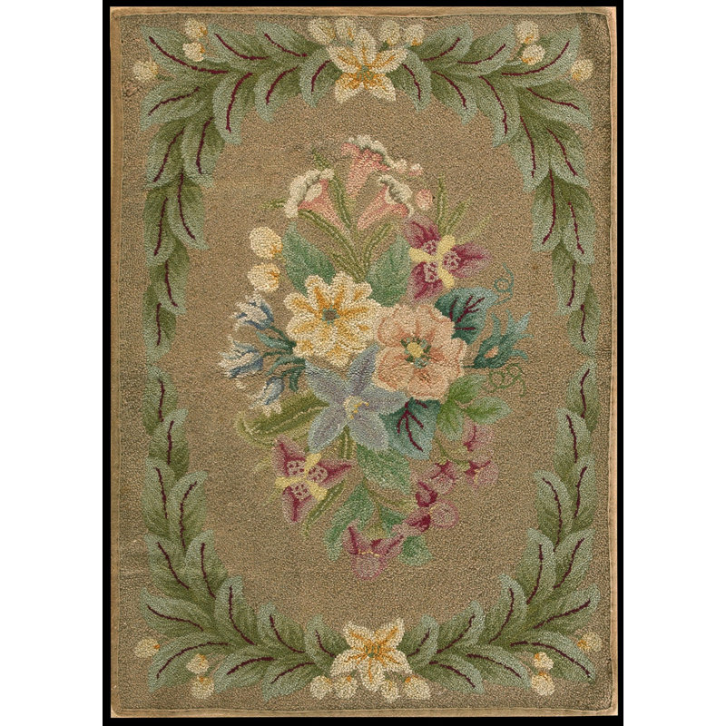 Small Size Cream Color Antique 1930 European Influenced Floral Inlay Design American Hooked Rug