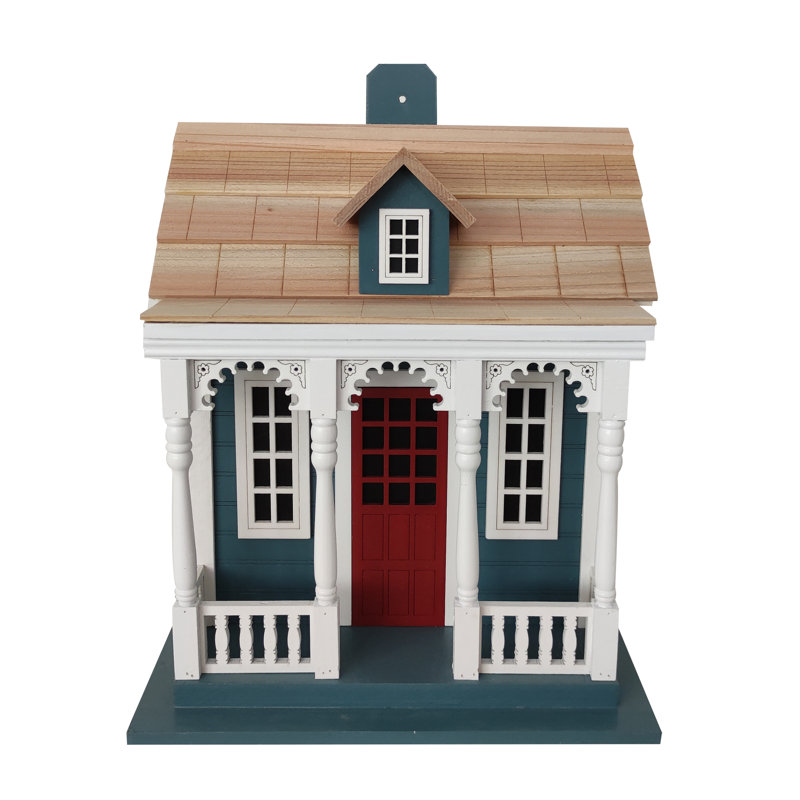 Blue and Red Coastal Cottage Bird House with White Trim