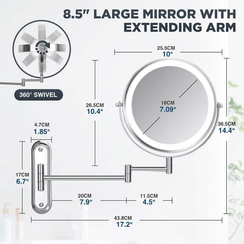 Miroir de maquillage mural lumineux avec miroir extensible 1X / 15X à double face avec bras extensible 3 modes de couleurs