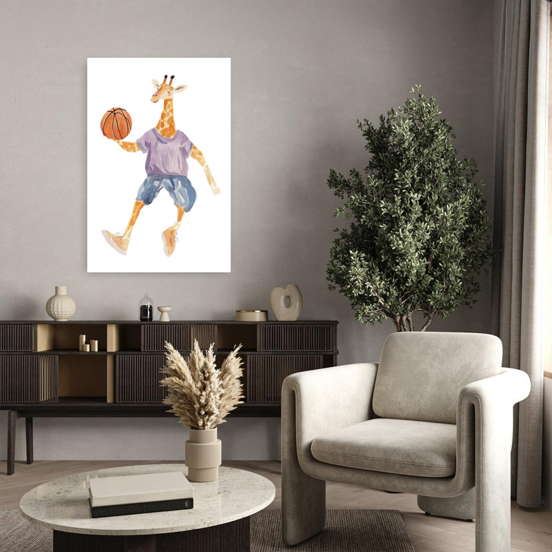 Giraffe Basketball Player Playful Whimsical Contemporary Giraffe Wall Art Print by Mathieu - Wrapped Canvas Print