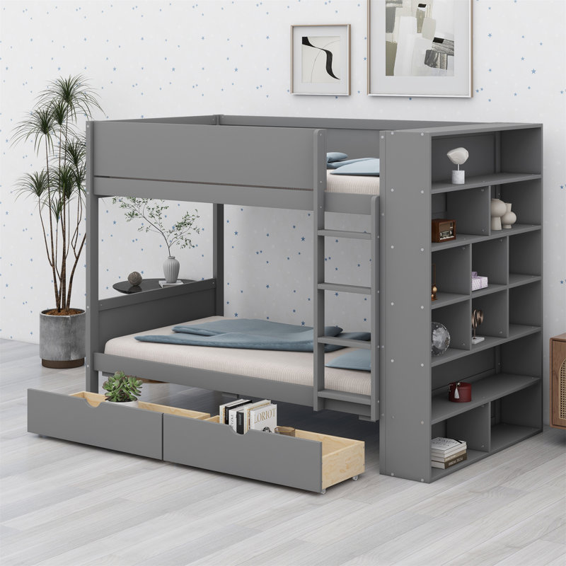 Lit superposé avec 2 tiroirs et tablettes, Gris, Lit simple