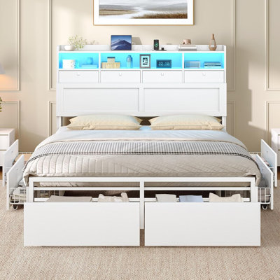 Full Size Farmhouse Storage Bed Frame With Hide Storage Headboard & Led Light, 6 Drawers Under Bed, No Box Spring Needed, White