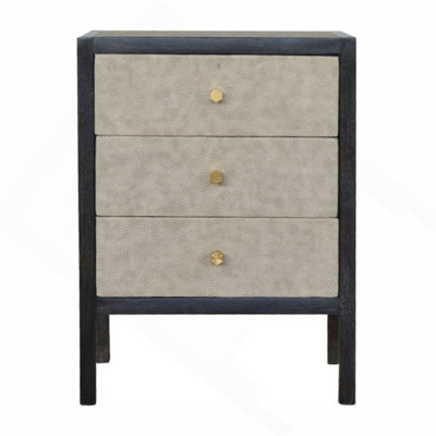 Solid Wood Faux Leather Nightstand, 3-Drawers, Grey And Black