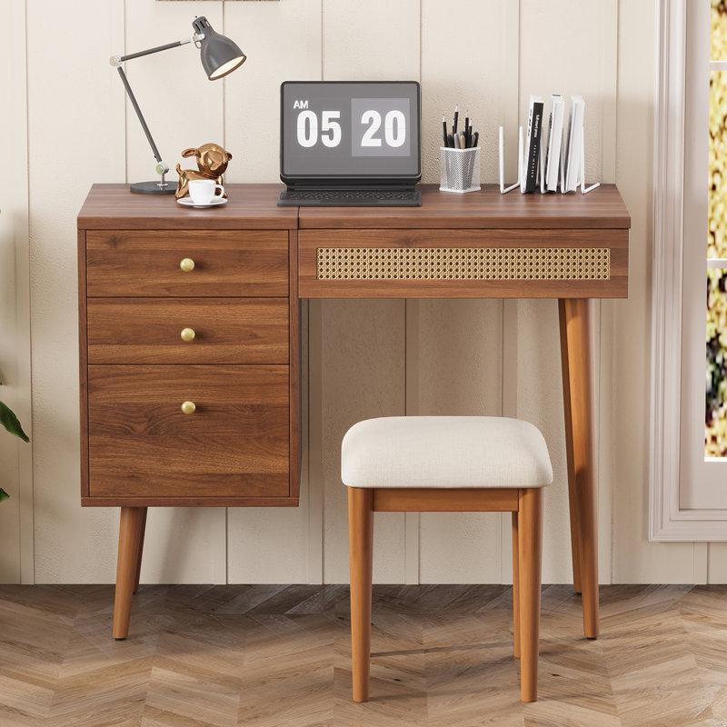 Meuble-lavabo rétro 39 po avec miroir, lumières DEL, dessus de table rabattable, 3 tiroirs et 10 compartiments, noyer