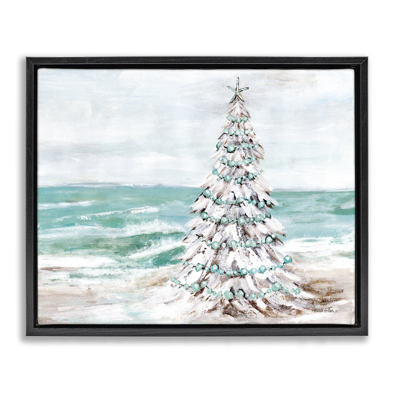 Snowy Christmas Tree on Beach Black Framed Floater Canvas Wall Art by Amanda Hilburn, Jet Black Floater Frame