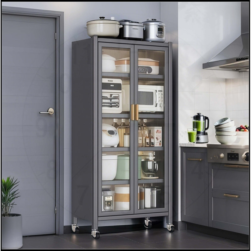 Armoire de rangement pour garde-manger de 65 pouces avec portes transparentes, tablettes réglables et roulettes pour faciliter le déplacement et l'organisation